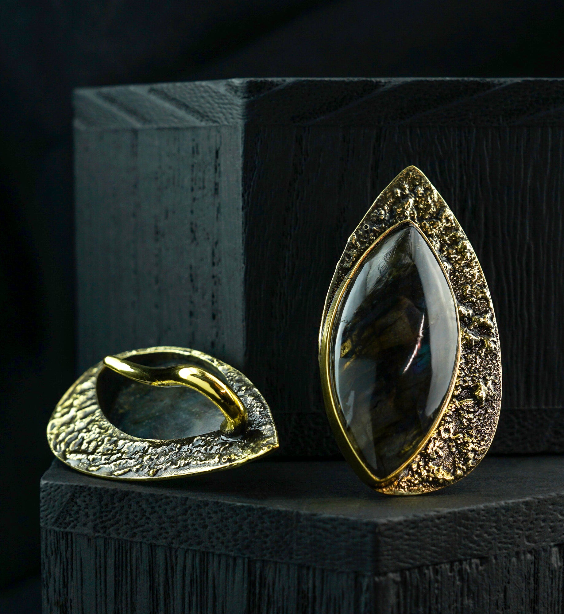 Ellipse Hammered Labradorite Stone Inlay Brass Earrings