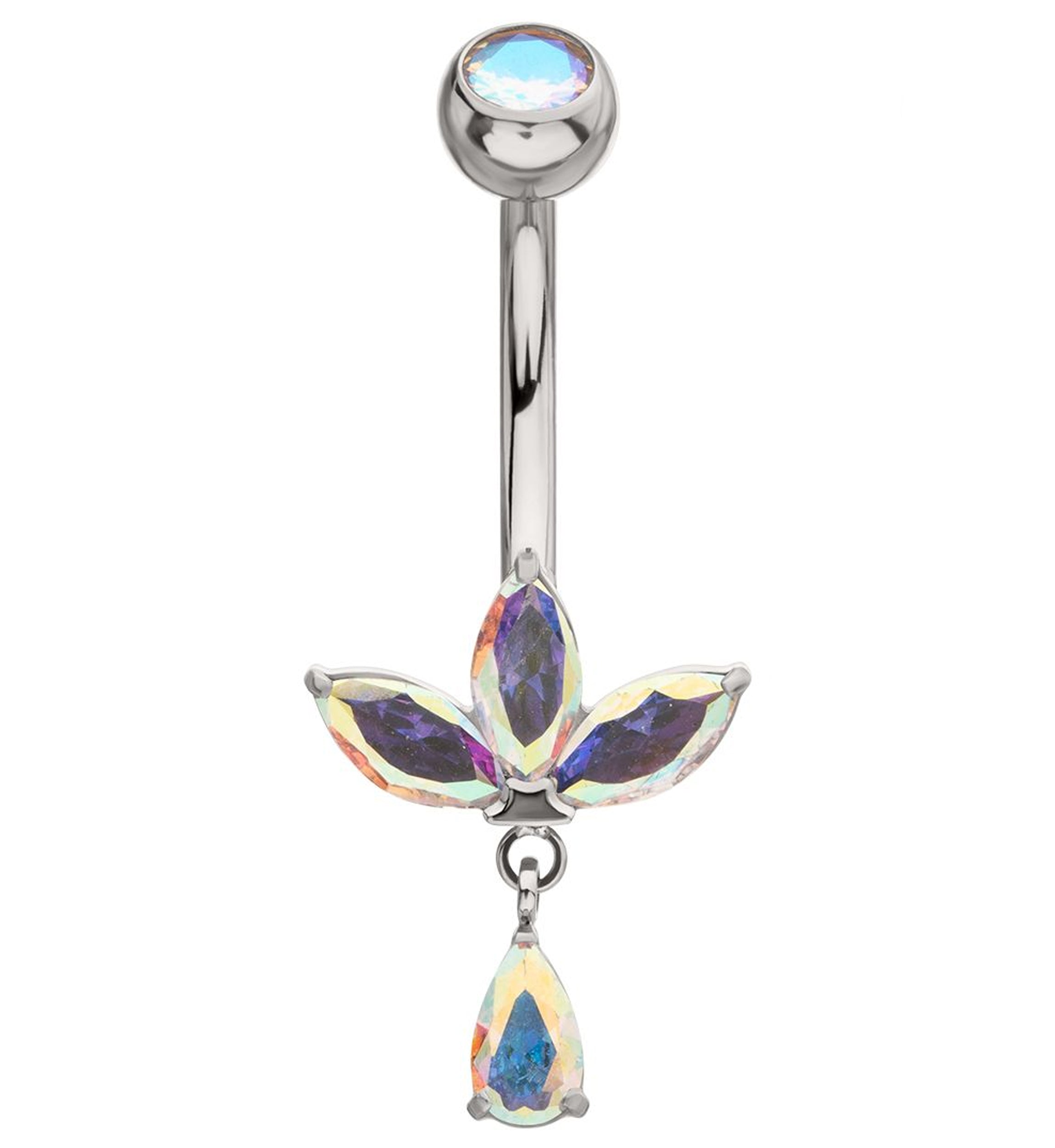 Empress Teardrop Rainbow Aurora CZ Dangle Titanium Internally Threaded Belly Button Ring