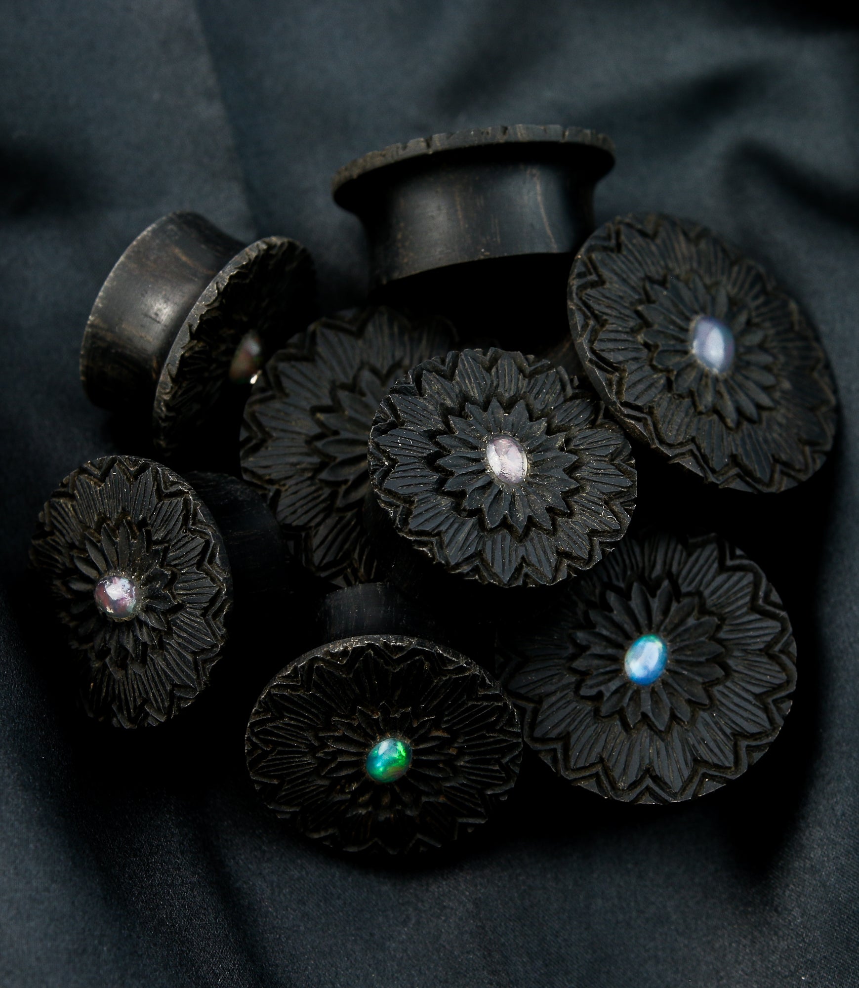 Etched Flower Areng Wood Mayan Flare Plugs With Opal Inlay