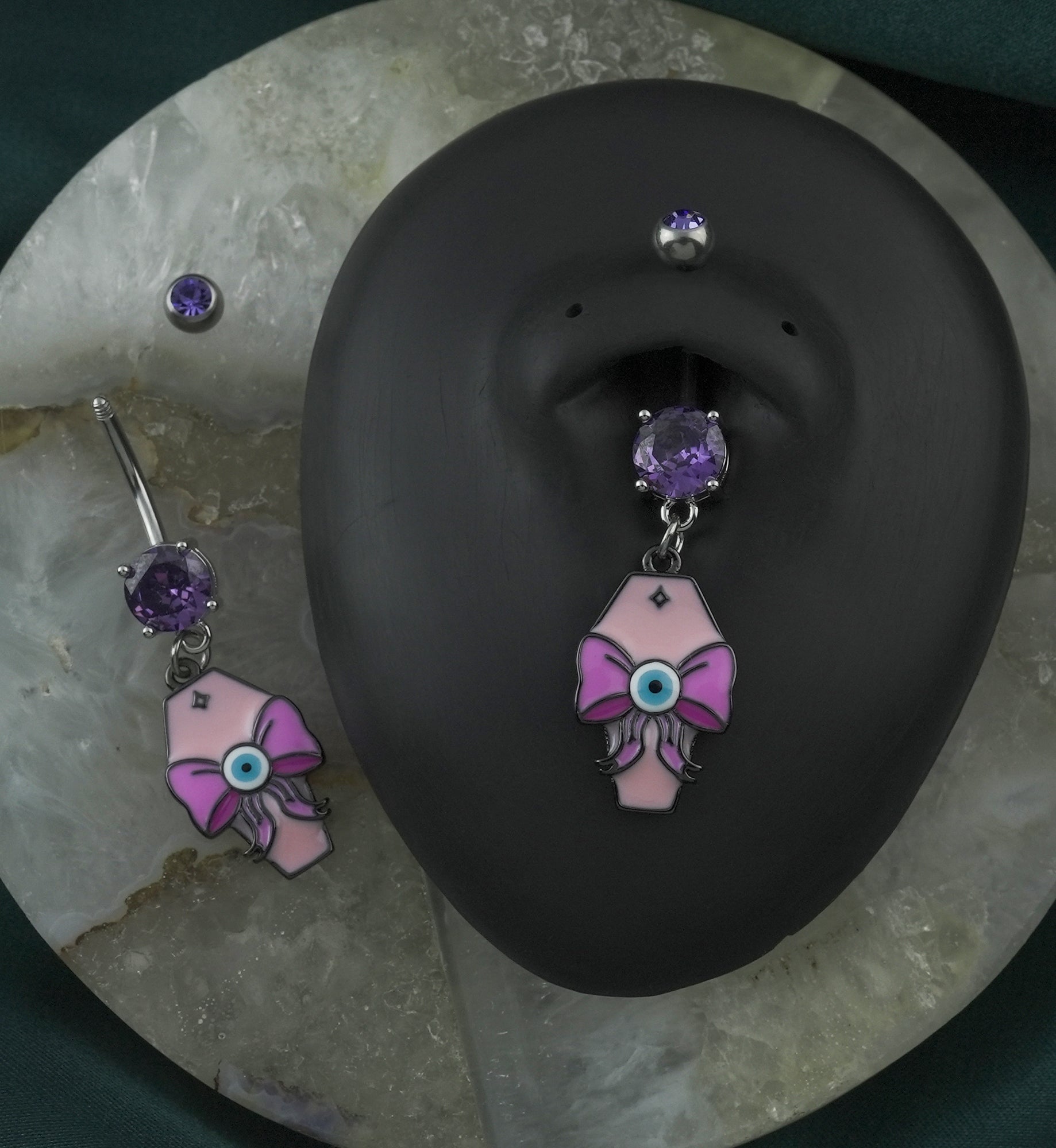 Eyeball Bow Coffin Tanzanite CZ Stainless Steel Belly Button Ring