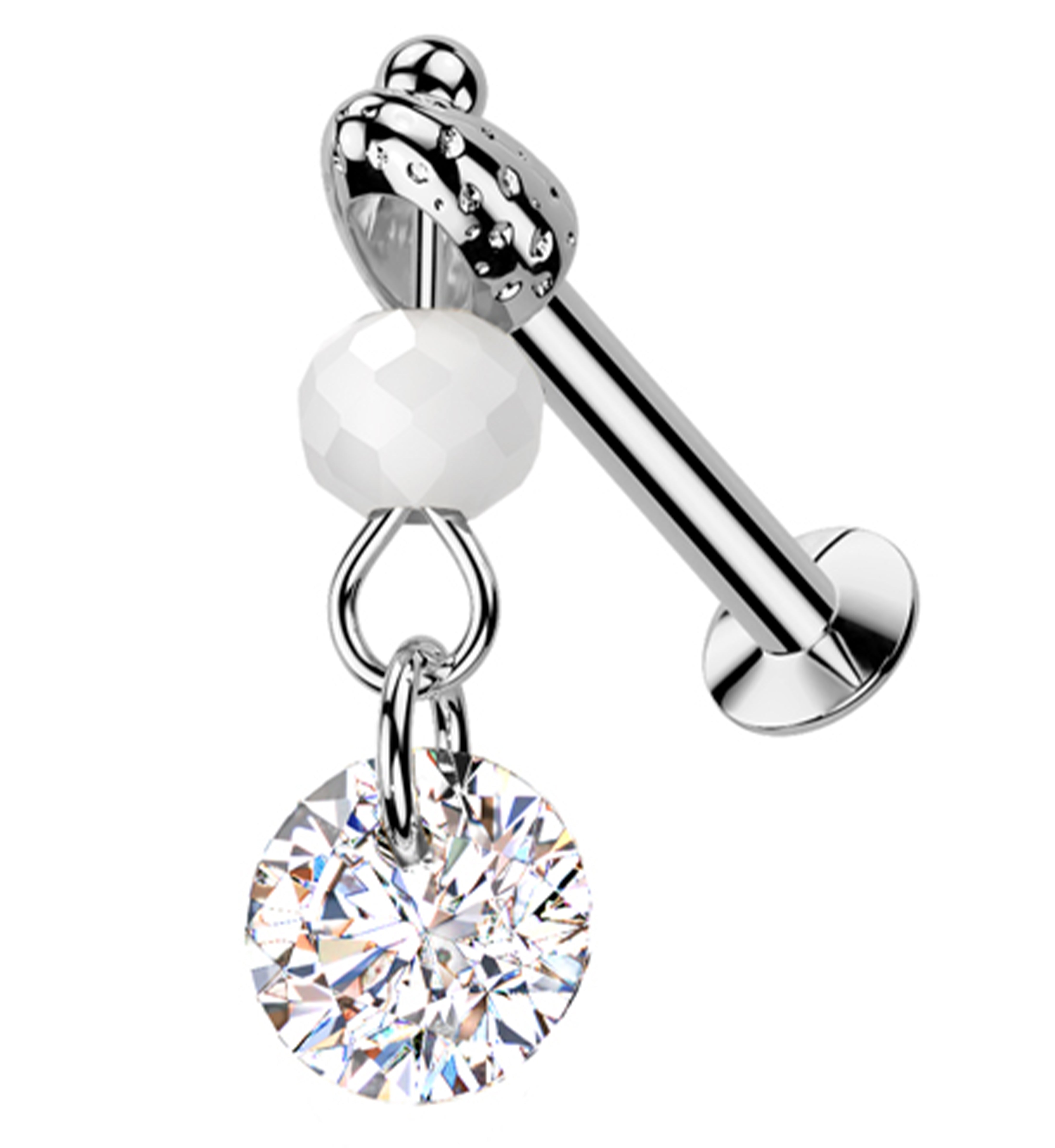 Faceted Bead Clear CZ Dangle Stainless Steel Convex Back Threadless Labret