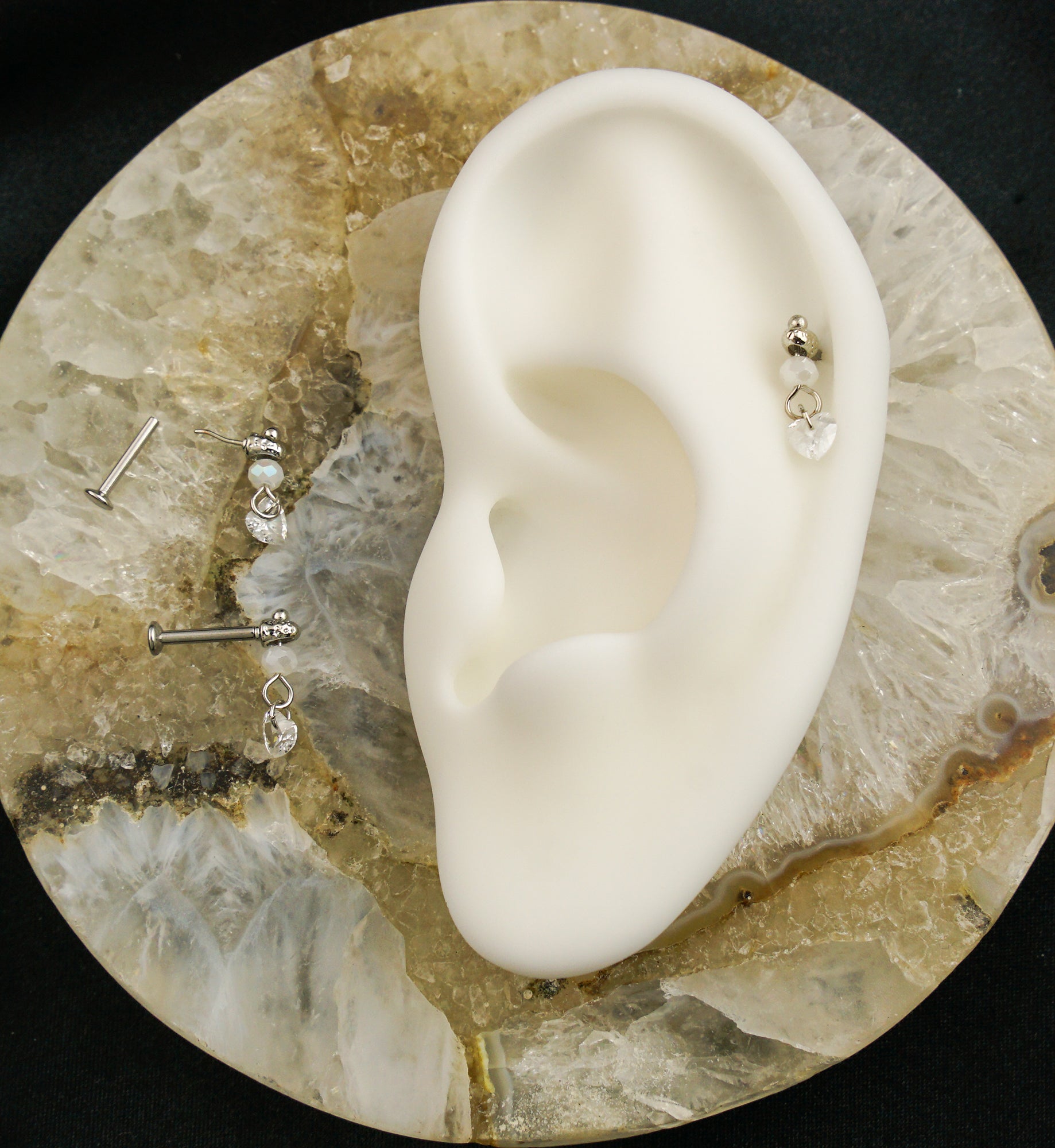 Faceted Bead Heart CZ Dangle Stainless Steel Convex Back Threadless Labret