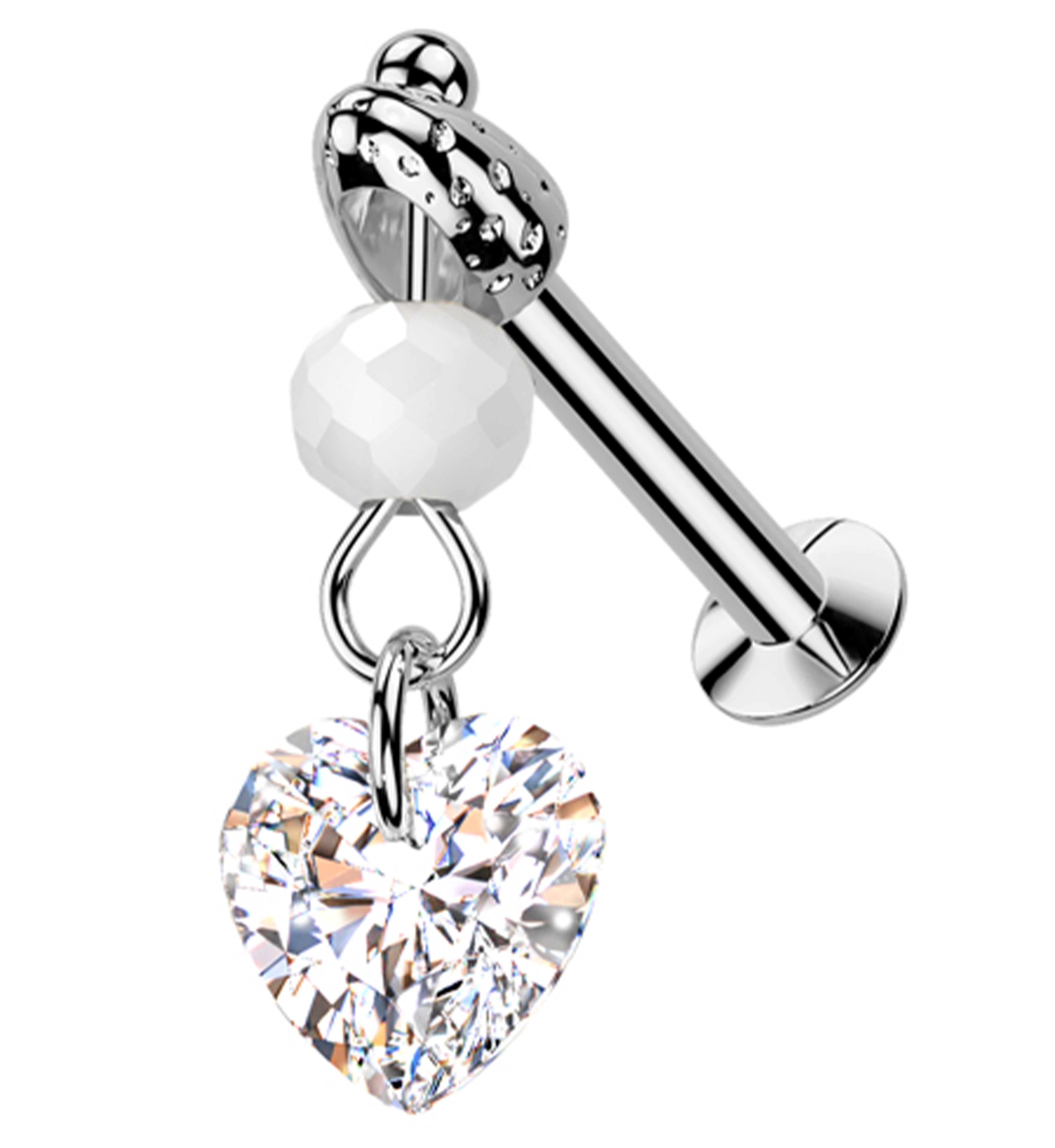 Faceted Bead Heart CZ Dangle Stainless Steel Convex Back Threadless Labret