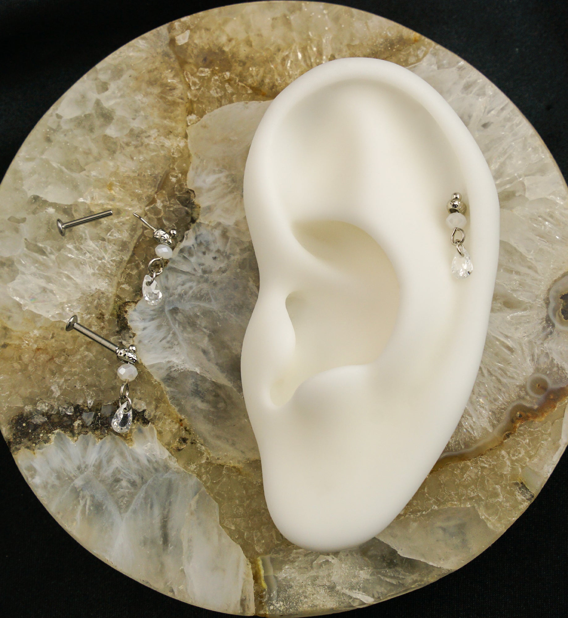 Faceted Bead Teardrop CZ Dangle Stainless Steel Convex Back Threadless Labret