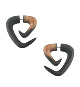Fake Gauge Tri Point Spirals Tribal Areng Wooden Earrings
