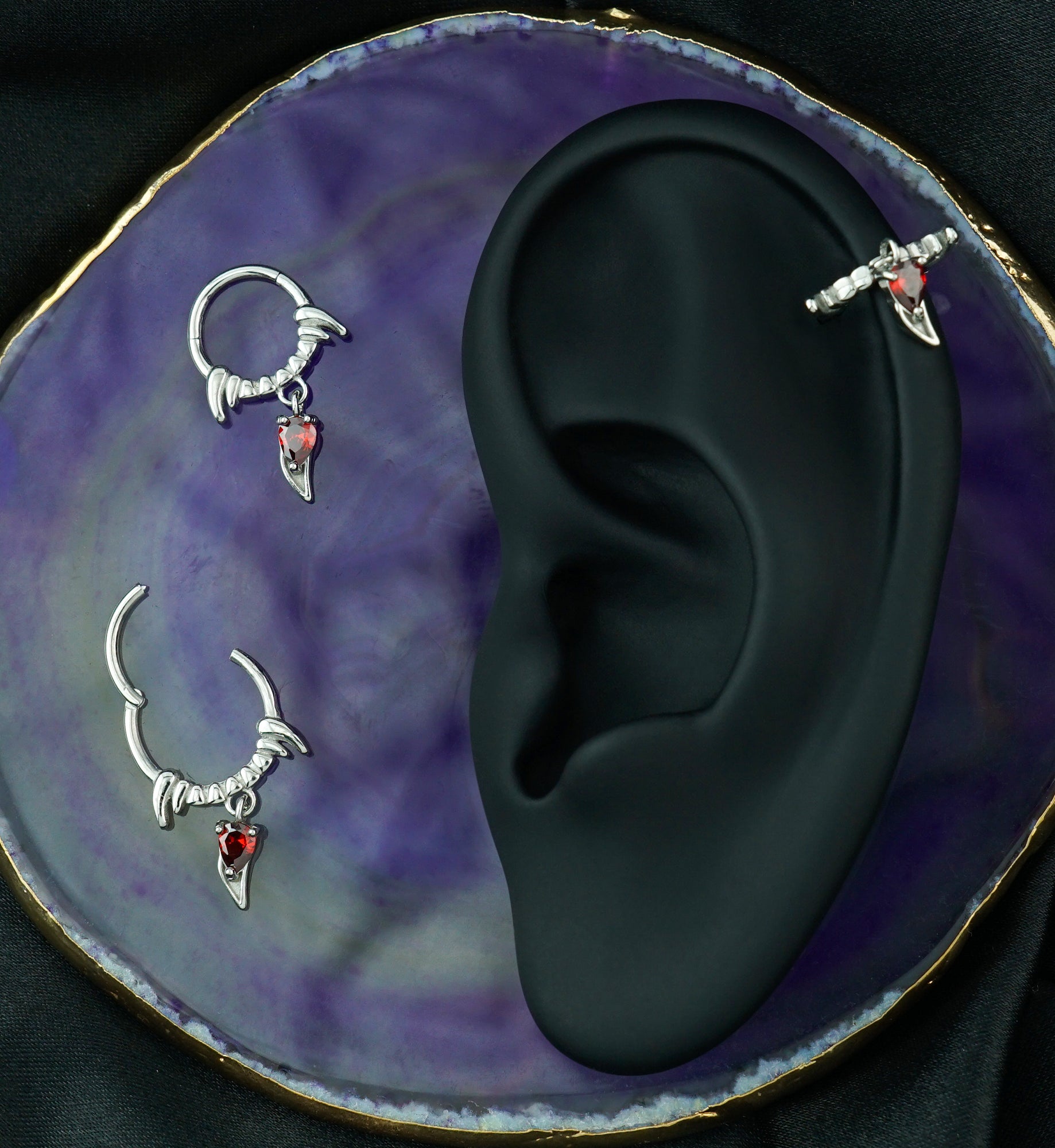 Fangs Red CZ Dangle Stainless Steel Hinged Segment Ring