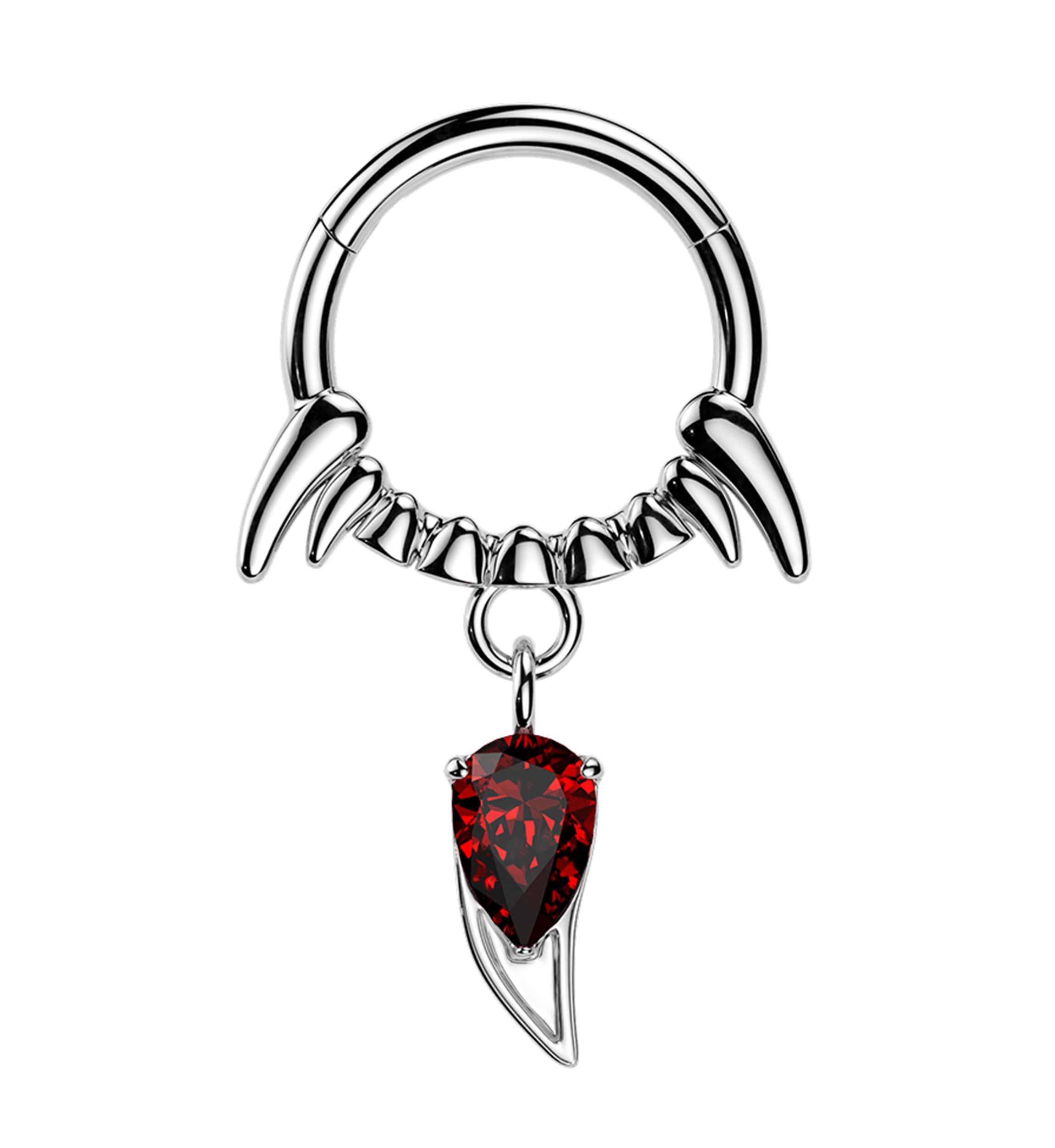 Fangs Red CZ Dangle Stainless Steel Hinged Segment Ring