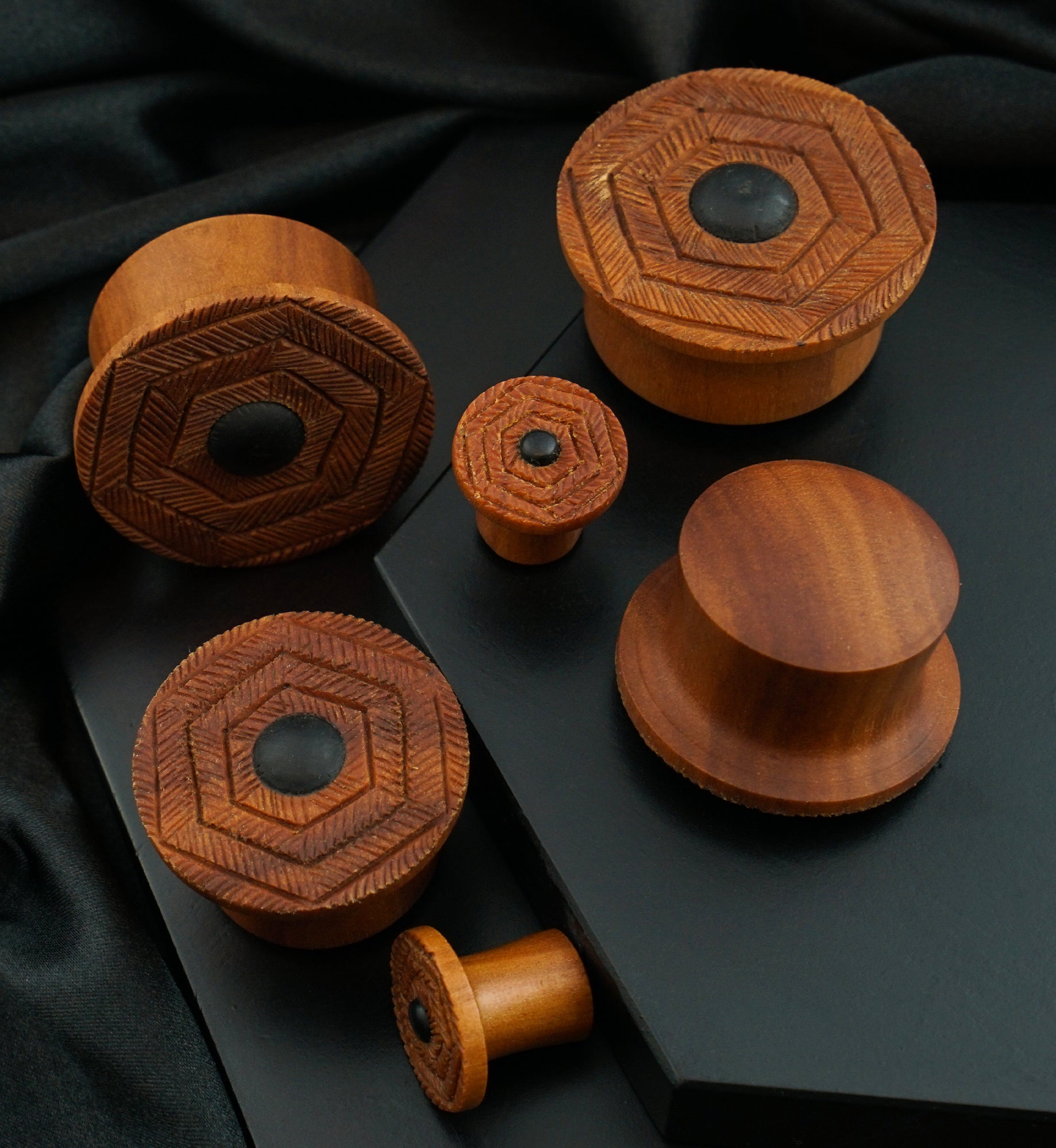 Feathered Geo Saba Wood With Dark Wood Inlay Mayan Flare Plugs