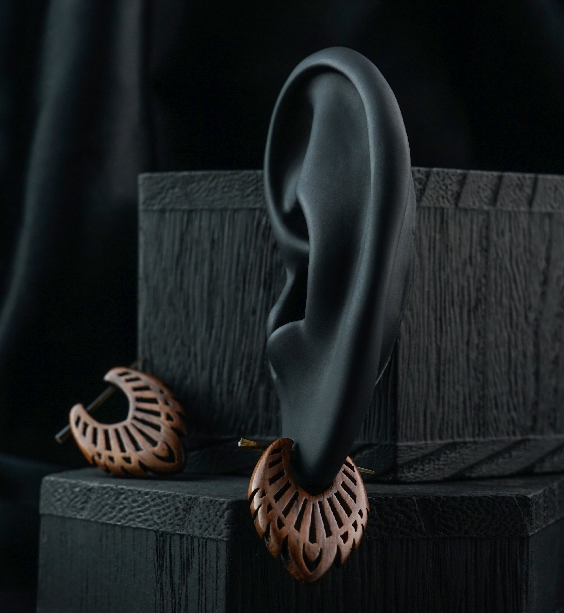 Feathered Shield Hoop Narra Wood Earrings