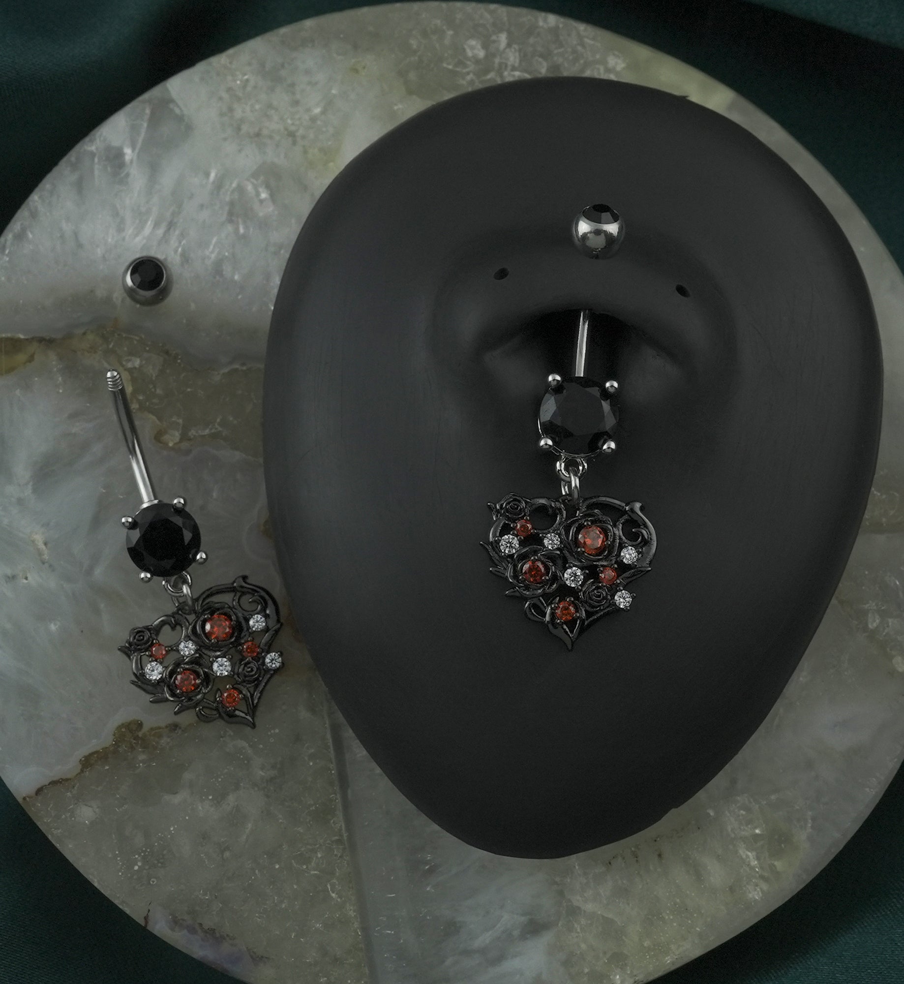 Filigree Dangle Heart Black CZ Stainless Steel Belly Button Ring