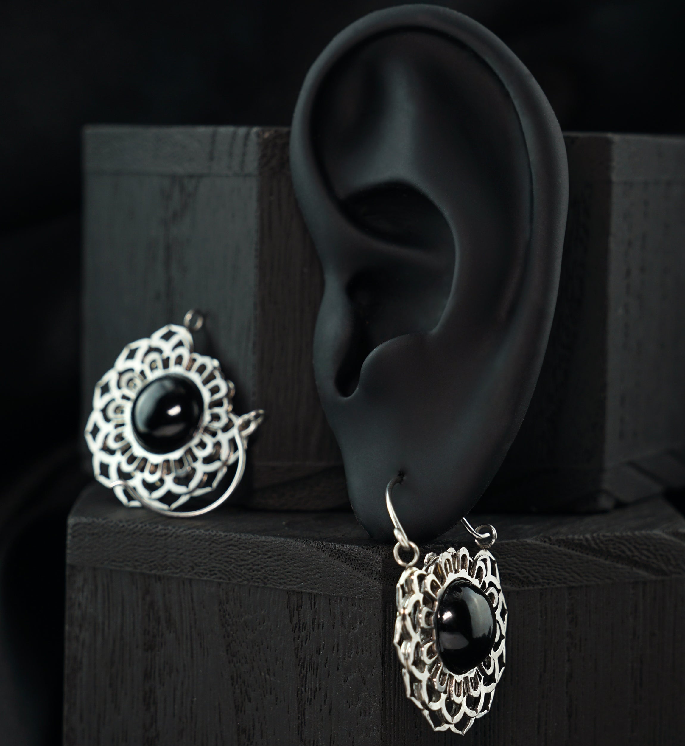 Floral Black Onyx Stone Inlay Stainless Steel Earrings
