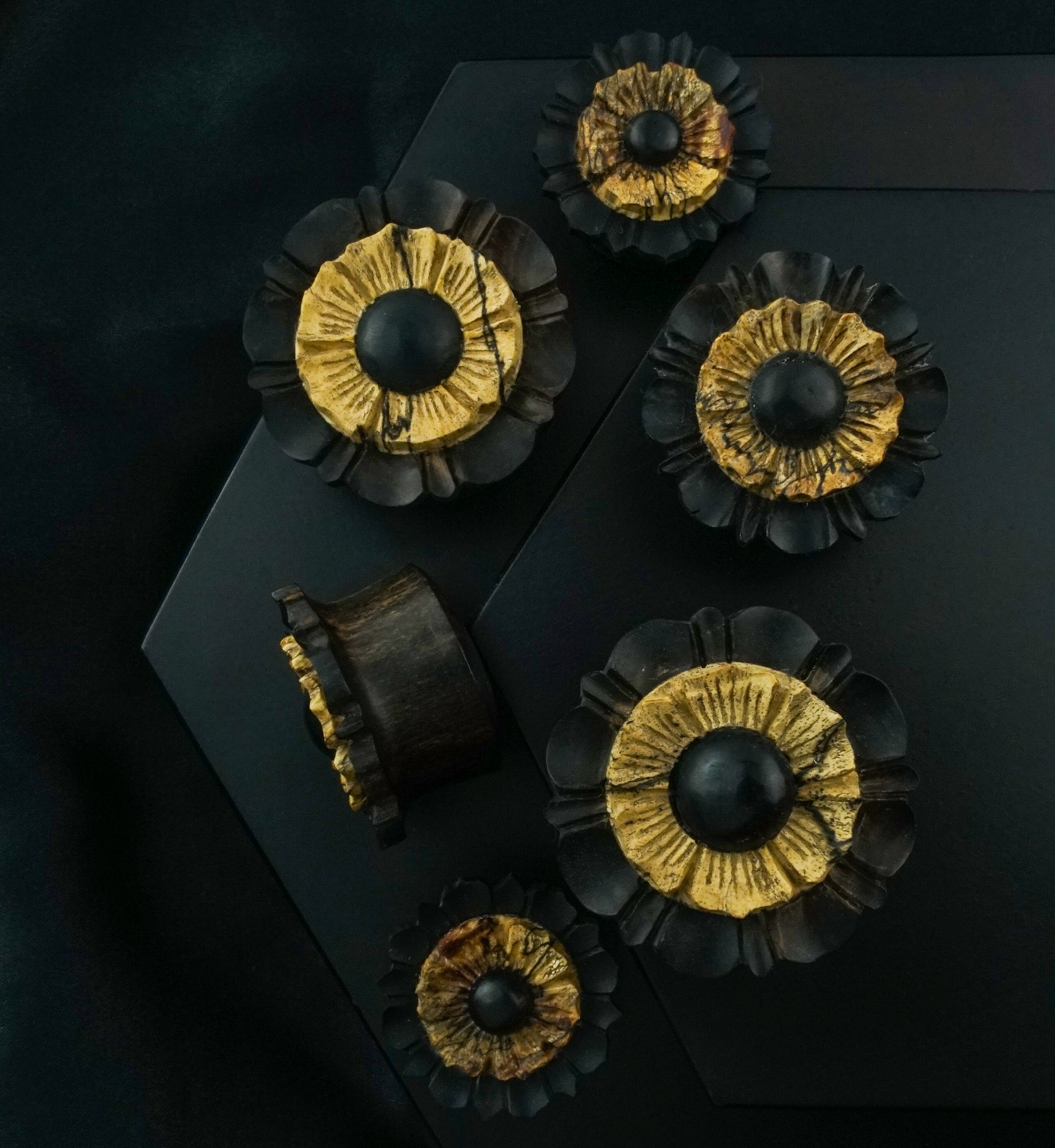 Floral Mayan Flare Areng Wood Plugs with Tamarind Wood Inner Ring