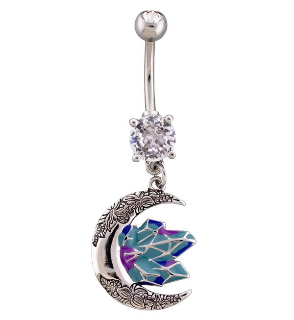 Floral Moon And Crystals Clear CZ Dangle Stainless Steel Belly Button Ring