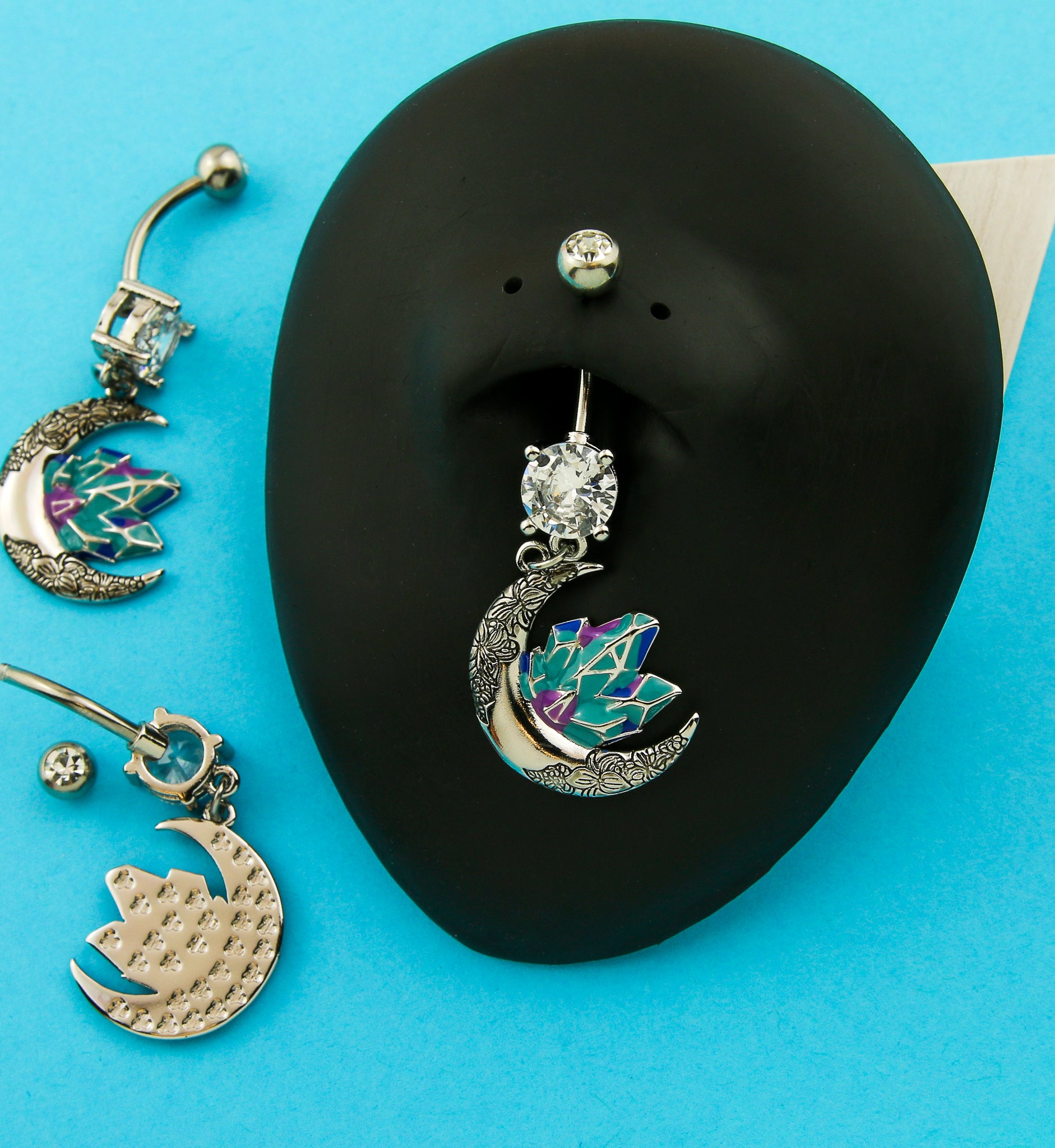 Floral Moon And Crystals Clear CZ Dangle Stainless Steel Belly Button Ring