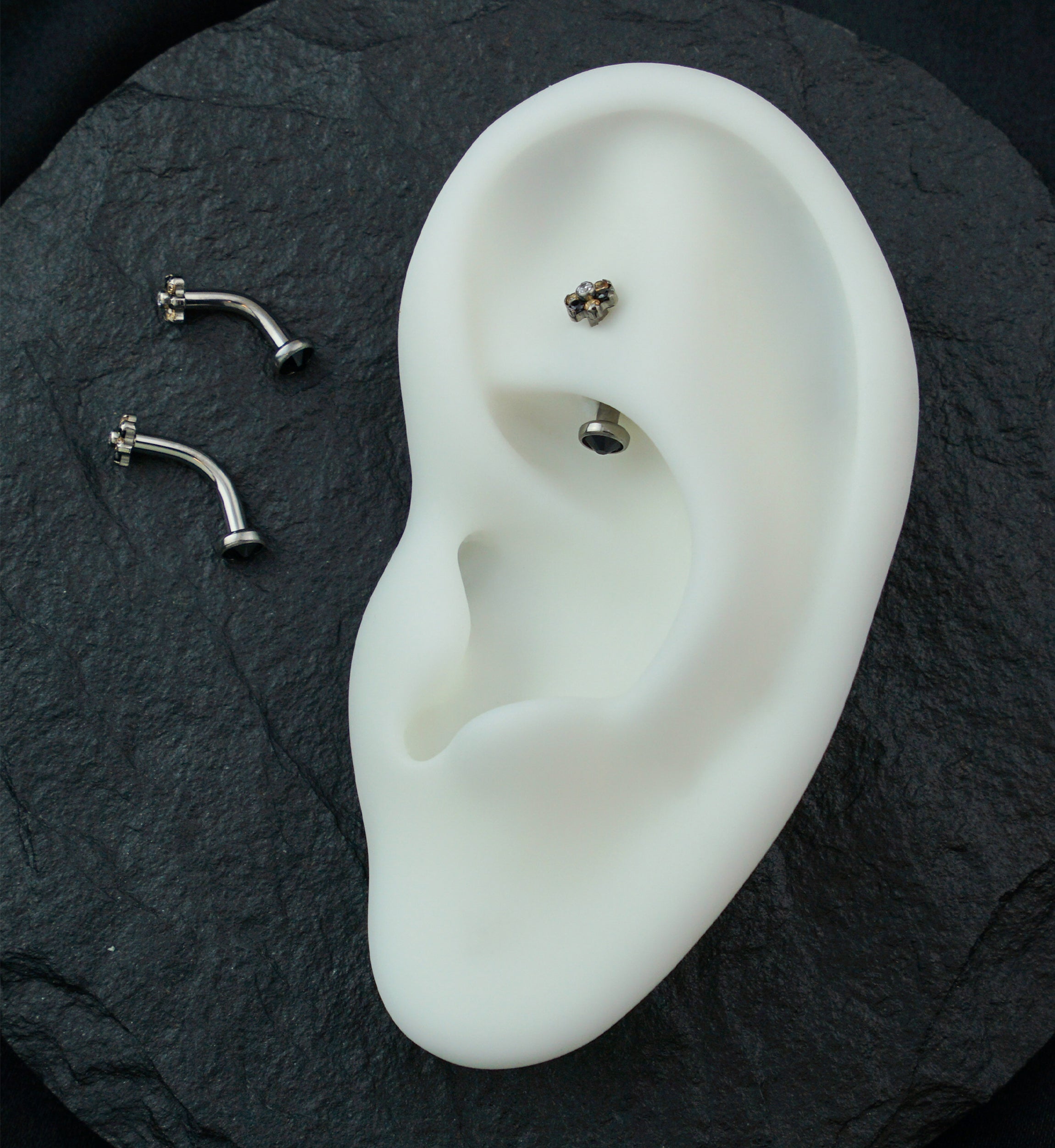 Flower Black And Pink CZ Titanium Internally Threaded Curved Barbell