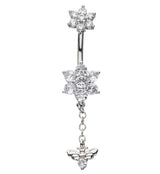 Flower Dangle Bee Clear CZ Stainless Steel Belly Button Ring