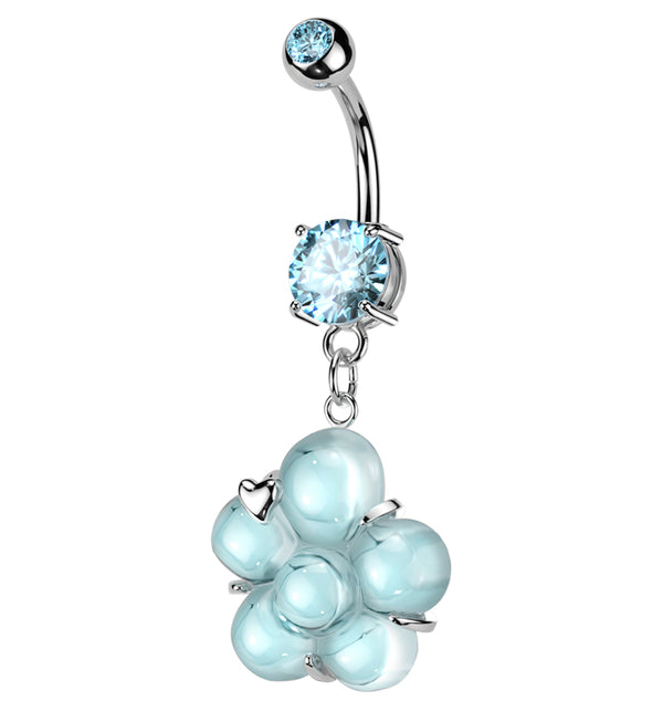 Flower Pressed Fit Aqua CZ Dangle Stainless Steel Belly Button Ring