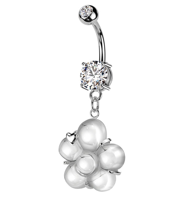 Flower Pressed Fit Clear CZ Dangle Stainless Steel Belly Button Ring