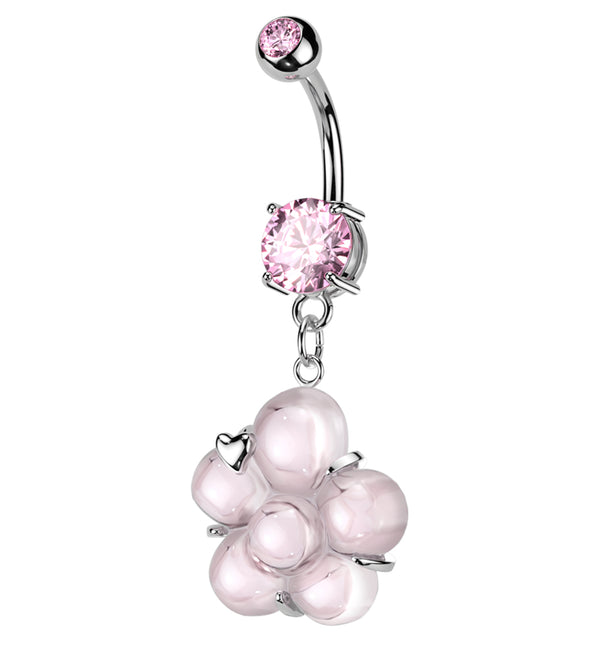 Flower Pressed Fit Pink CZ Dangle Stainless Steel Belly Button Ring