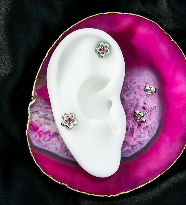 Flower Trace Pink CZ Stainless Steel Stud Earrings
