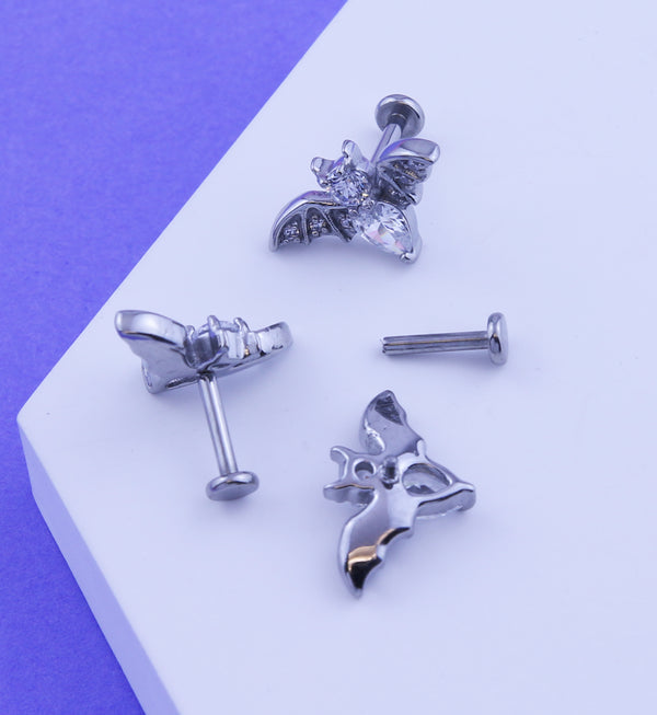 Flying Bat Clear CZ Stainless Steel Internally Threaded Labret