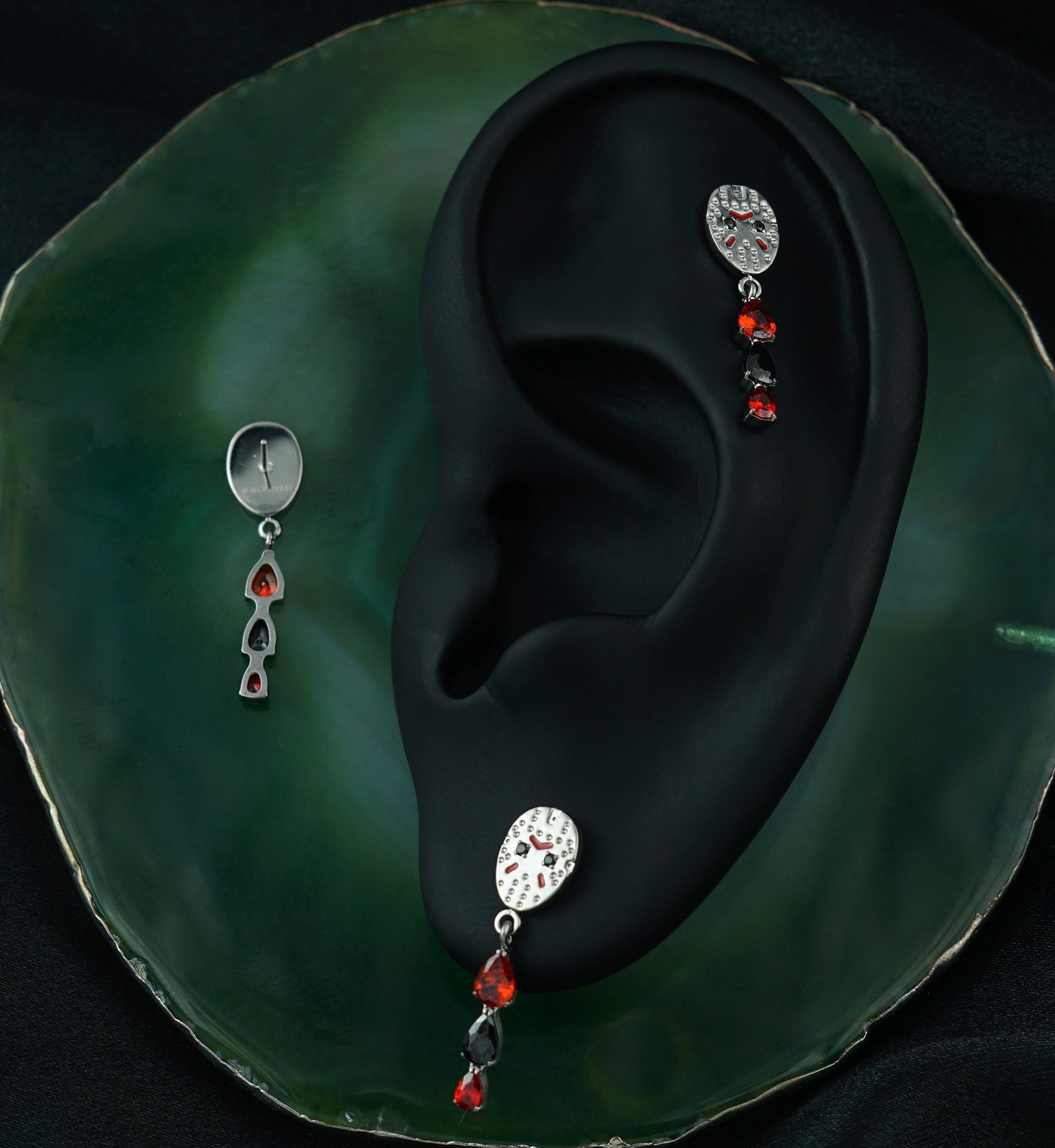 Friday The 13th Jason Mask Triple Garnet CZ Dangle Titanium Threadless Top