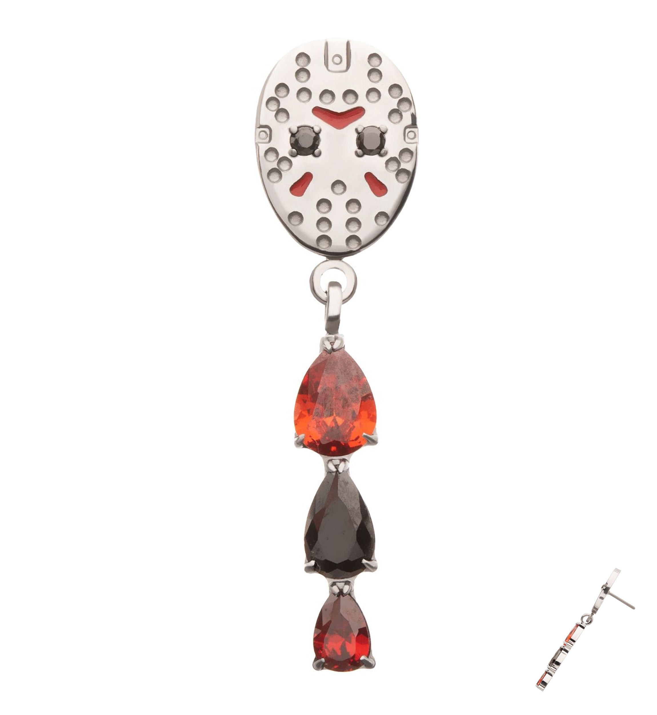 Friday The 13th Jason Mask Triple Garnet CZ Dangle Titanium Threadless Top
