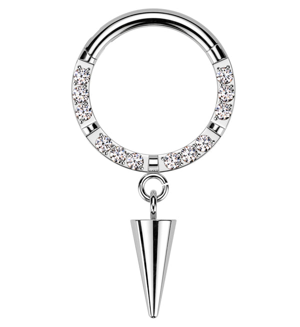 Front Facing Cone Dangle Clear CZ Row Titanium Hinged Segment Ring