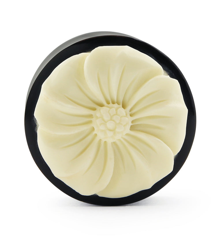 Horn Plugs With Carved Gardenia Flower Bone Inlay