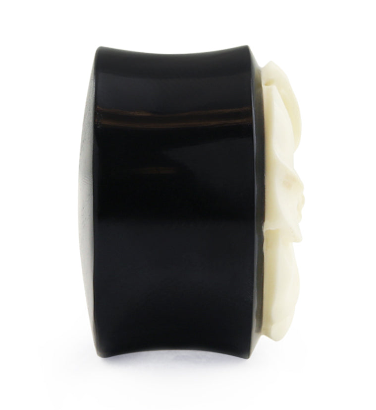 Horn Plugs With Carved Gardenia Flower Bone Inlay