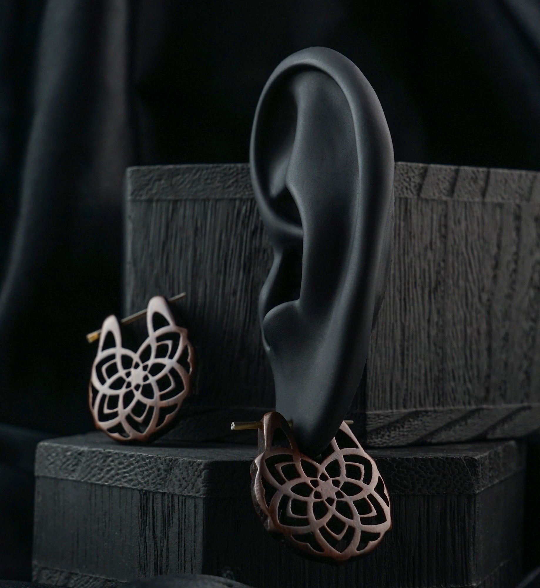 Geo Flower Hoop Narra Wood Earrings