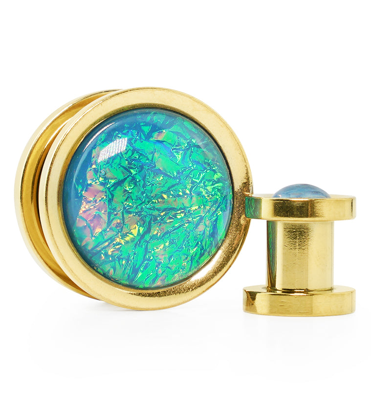 Gold PVD Stainless Steel Blue Opalite Plugs