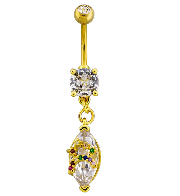 Gold PVD Rainbow CZ Oval Dangle Stainless Steel Belly Button Ring