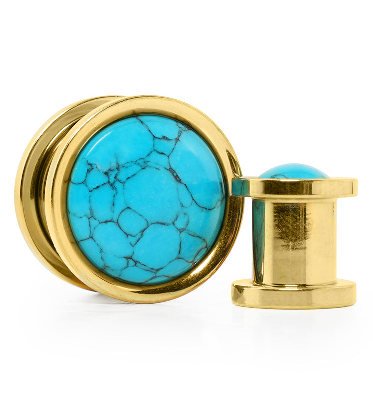 Gold PVD Howlite Turquoise Stone Stainless Steel Plugs