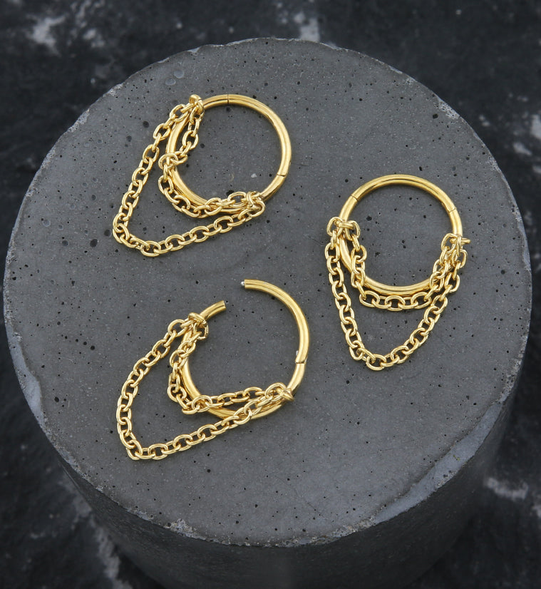 Gold PVD Abaft Double Dangle Chain Stainless Steel Hinged Segment Ring