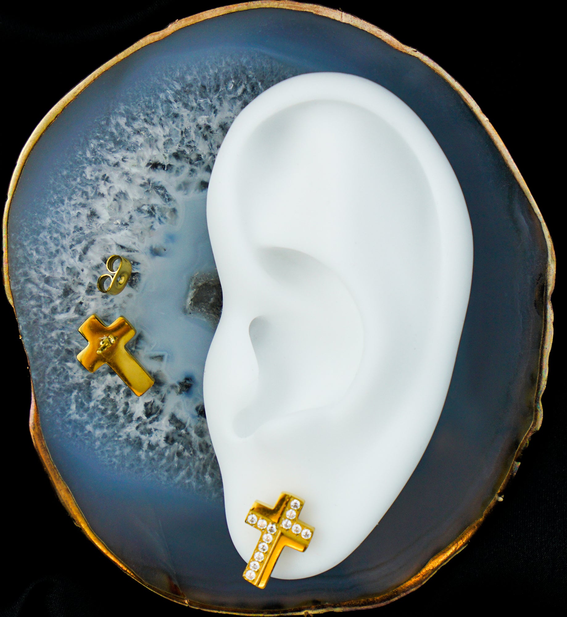 Gold PVD Abstract Cross Clear CZ Stainless Steel Stud Earrings