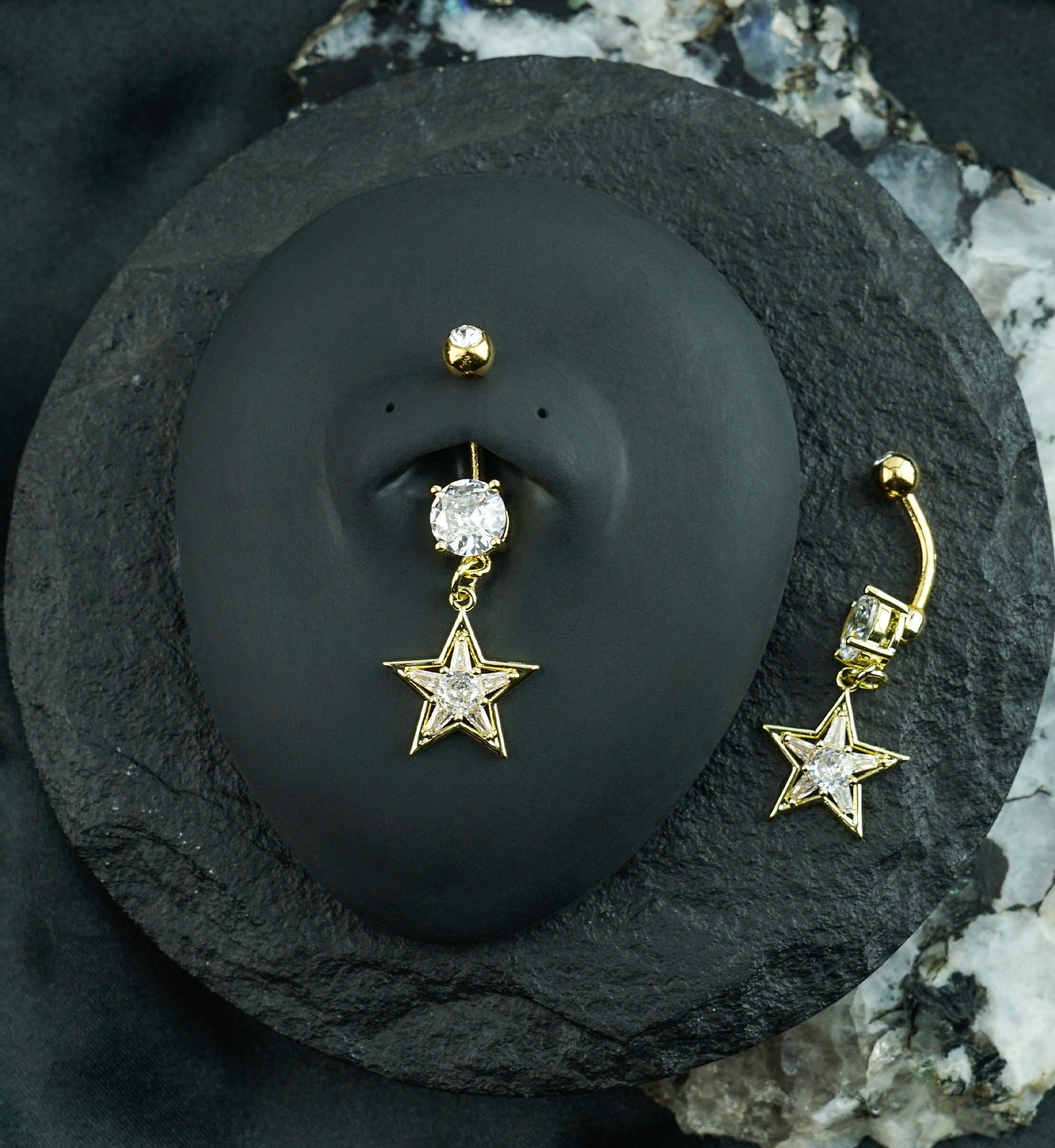 Gold PVD All Star CZ Dangle Stainless Steel Externally Threaded Belly Button Ring
