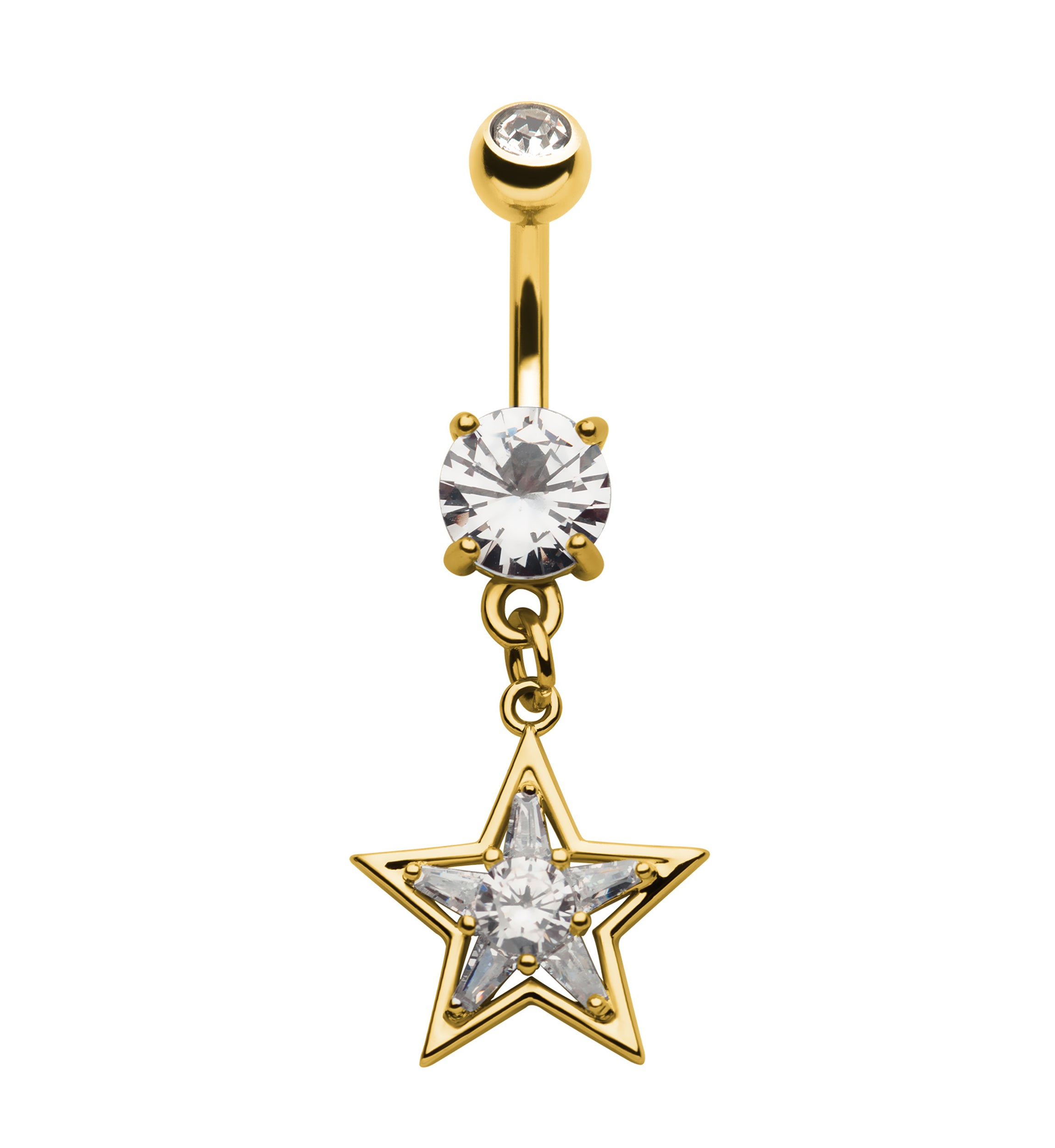 Gold PVD All Star CZ Dangle Stainless Steel Externally Threaded Belly Button Ring