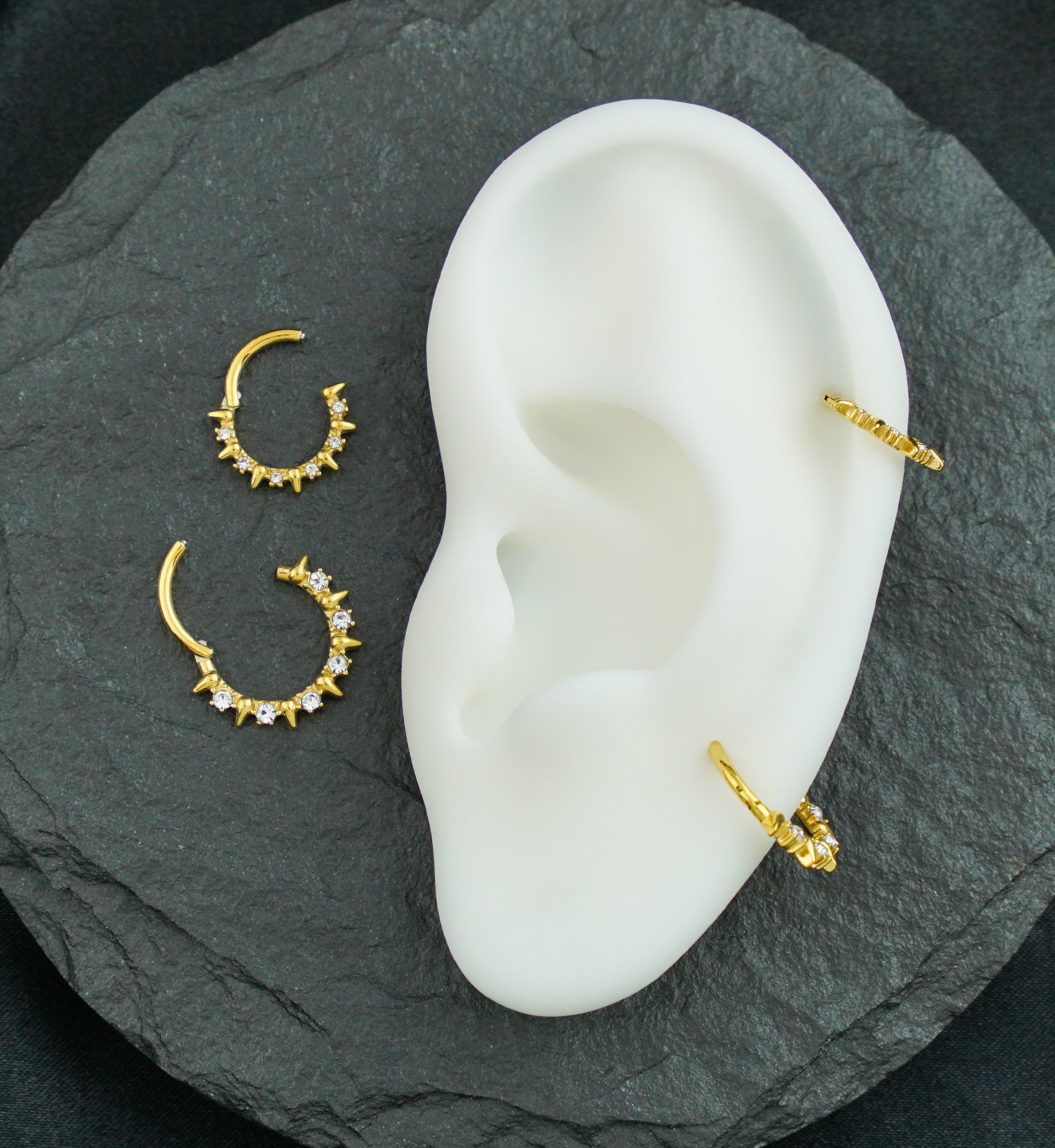 Gold PVD Alternate Spikes Clear CZ Stainless Steel Hinged Segment Ring