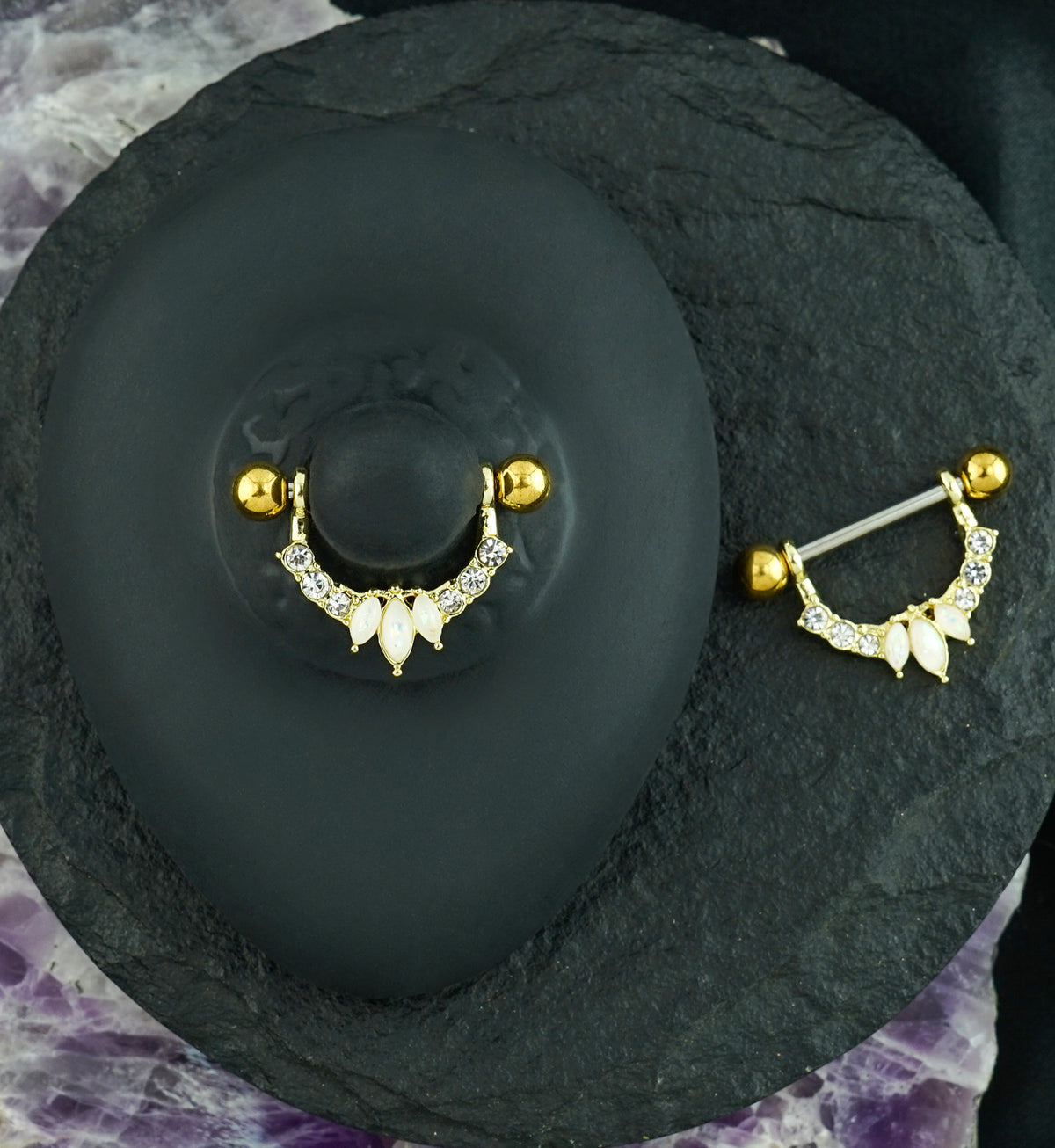 Gold PVD Apex White Opalilte Clear CZ Nipple Ring Barbell