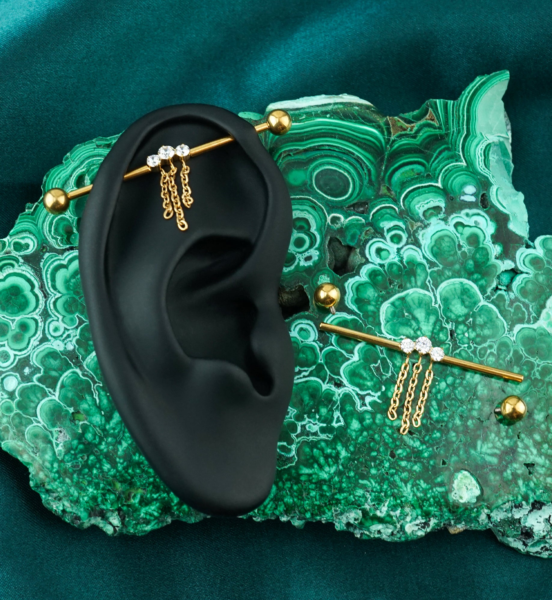 Gold PVD Arch Clear CZ Chain Trio Dangle Internally Threaded Titanium Industrial Barbell