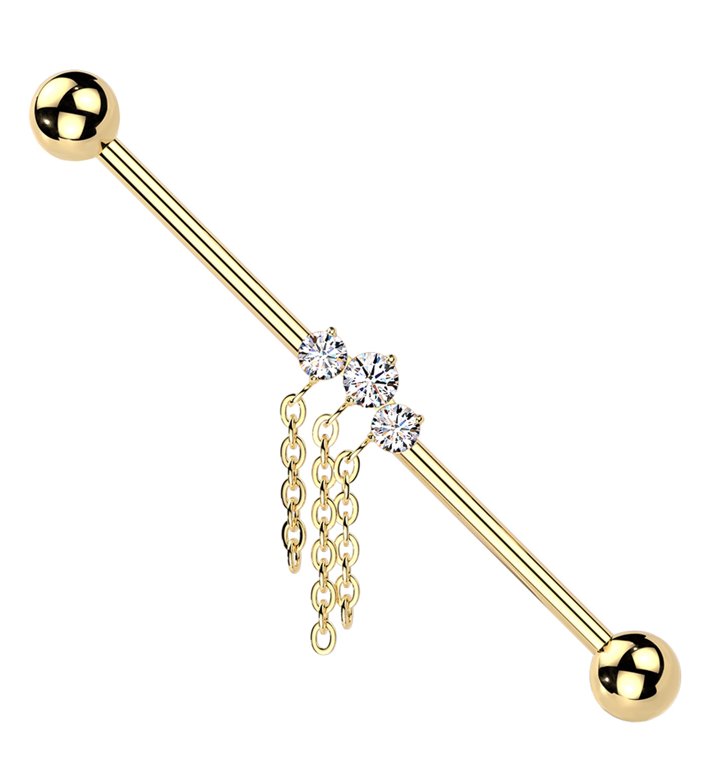 Gold PVD Arch Clear CZ Chain Trio Dangle Internally Threaded Titanium Industrial Barbell