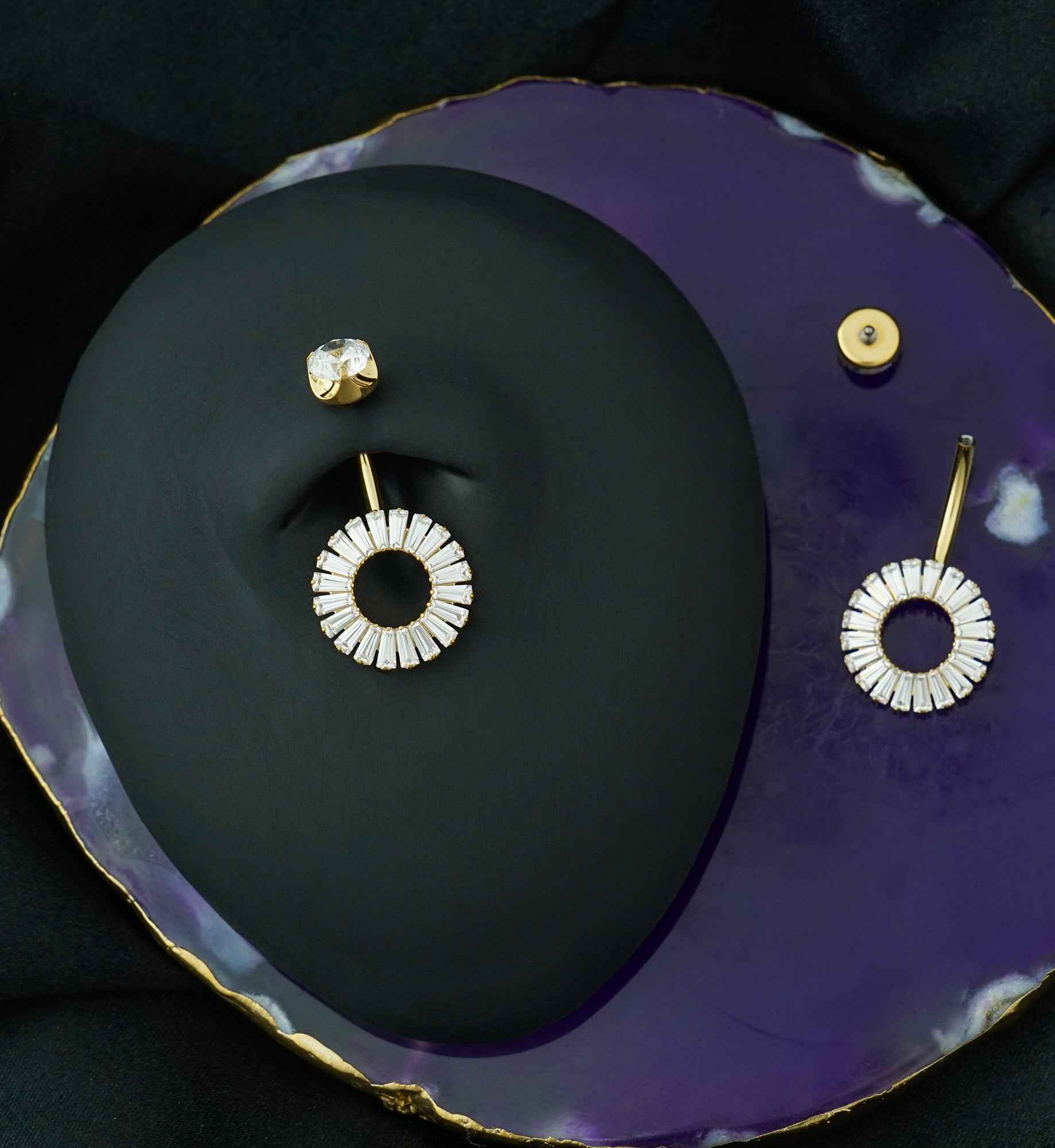 Gold PVD Baguette Circle Clear CZ Internally Threaded Titanium Belly Button Ring