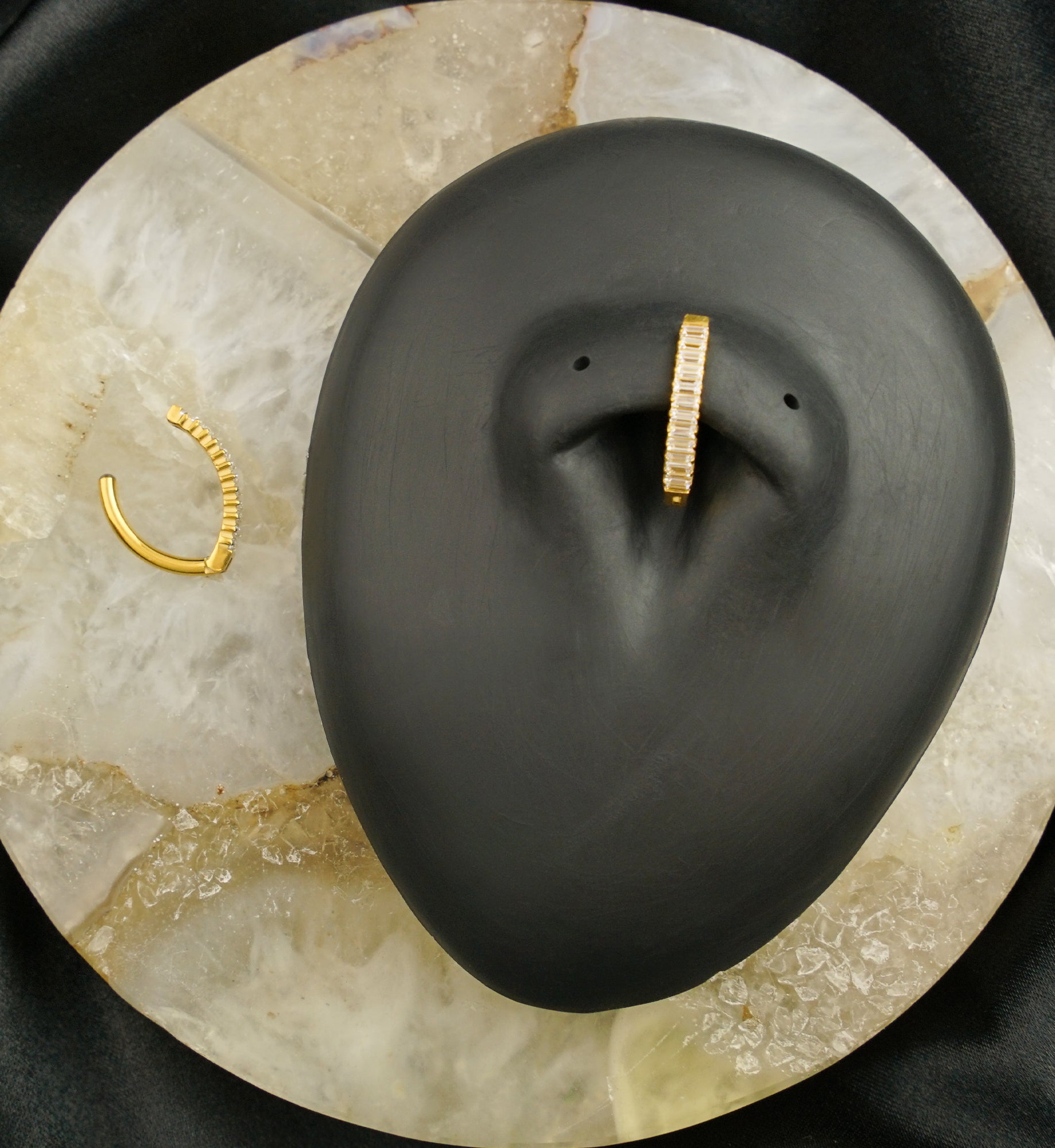 Gold PVD Baguette Clear CZ Row Titanium Hinged Belly Button Ring