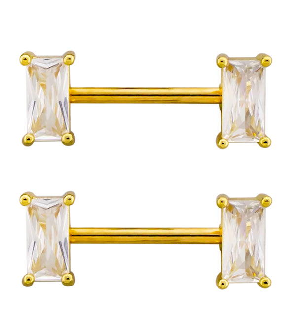 Gold PVD Baguette Clear CZ Stainless Steel Nipple Barbell