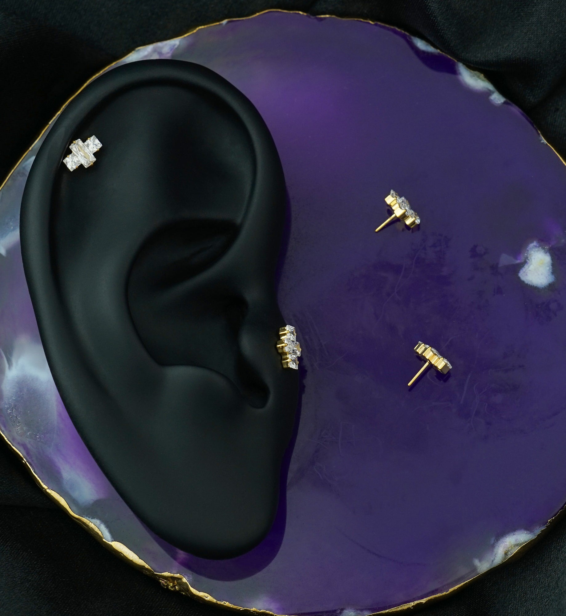 Gold PVD Baguette Cross Clear CZ Titanium Threadless Top