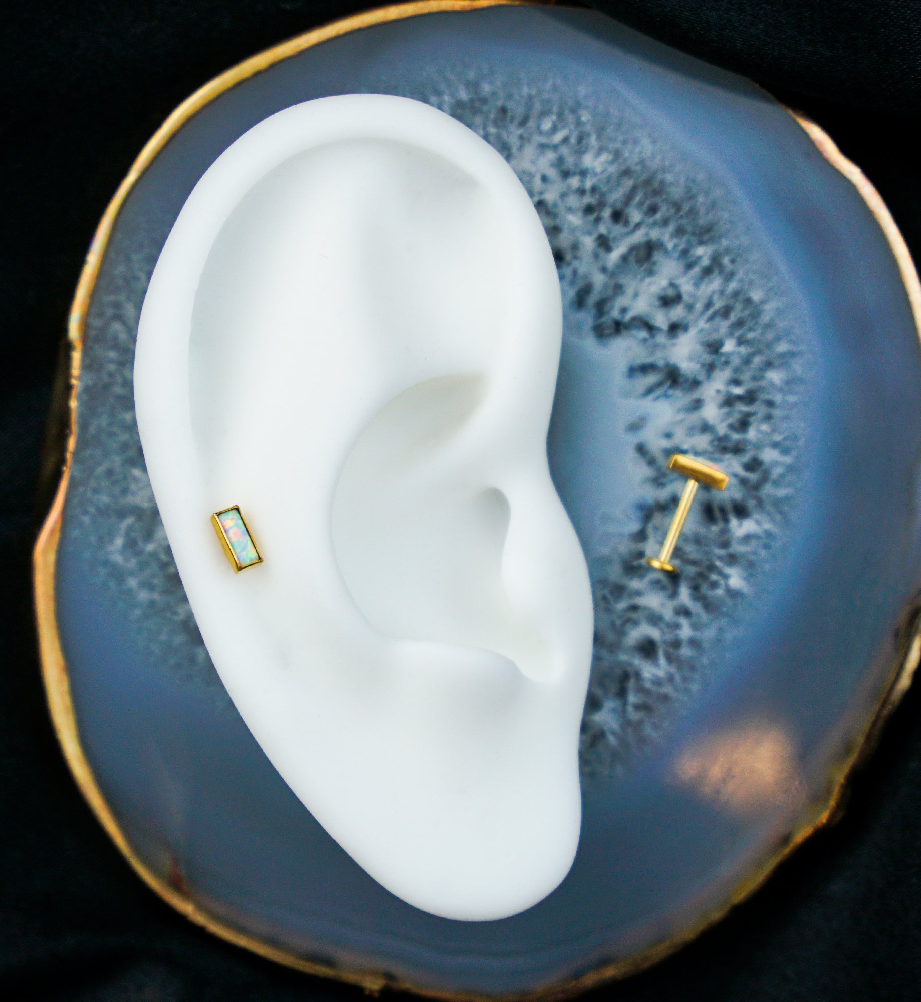 Gold PVD Baguette White Opalite Titanium Threadless Labret