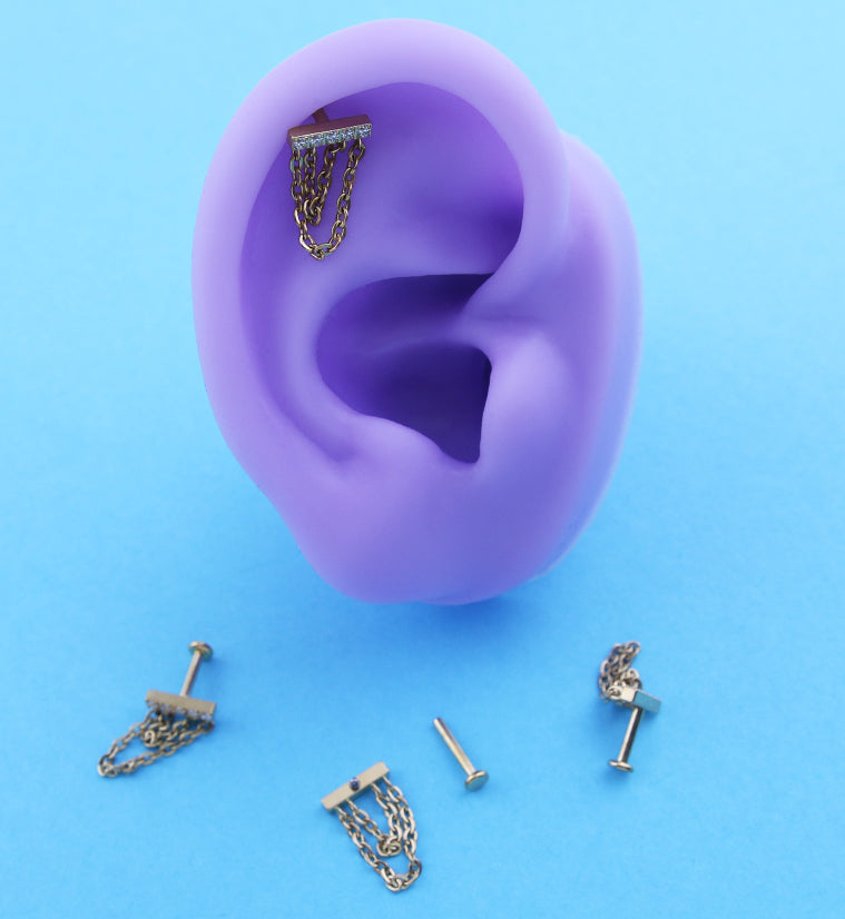 Gold PVD Bar Clear CZ Double Dangle Chain Titanium Internally Threaded Labret