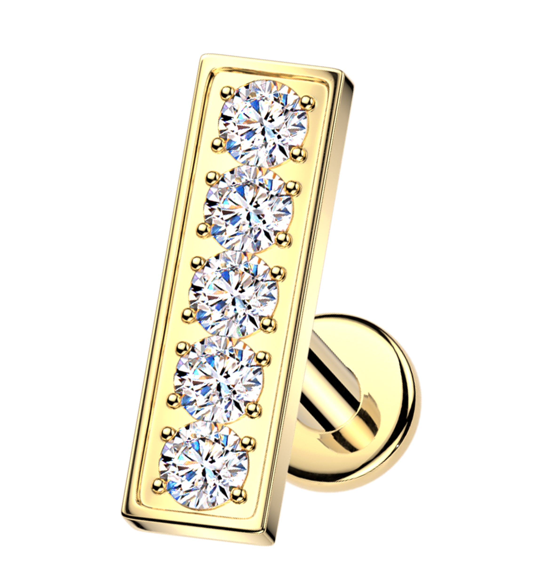 Gold PVD Bar CZ Internally Threaded Stainless Steel Labret
