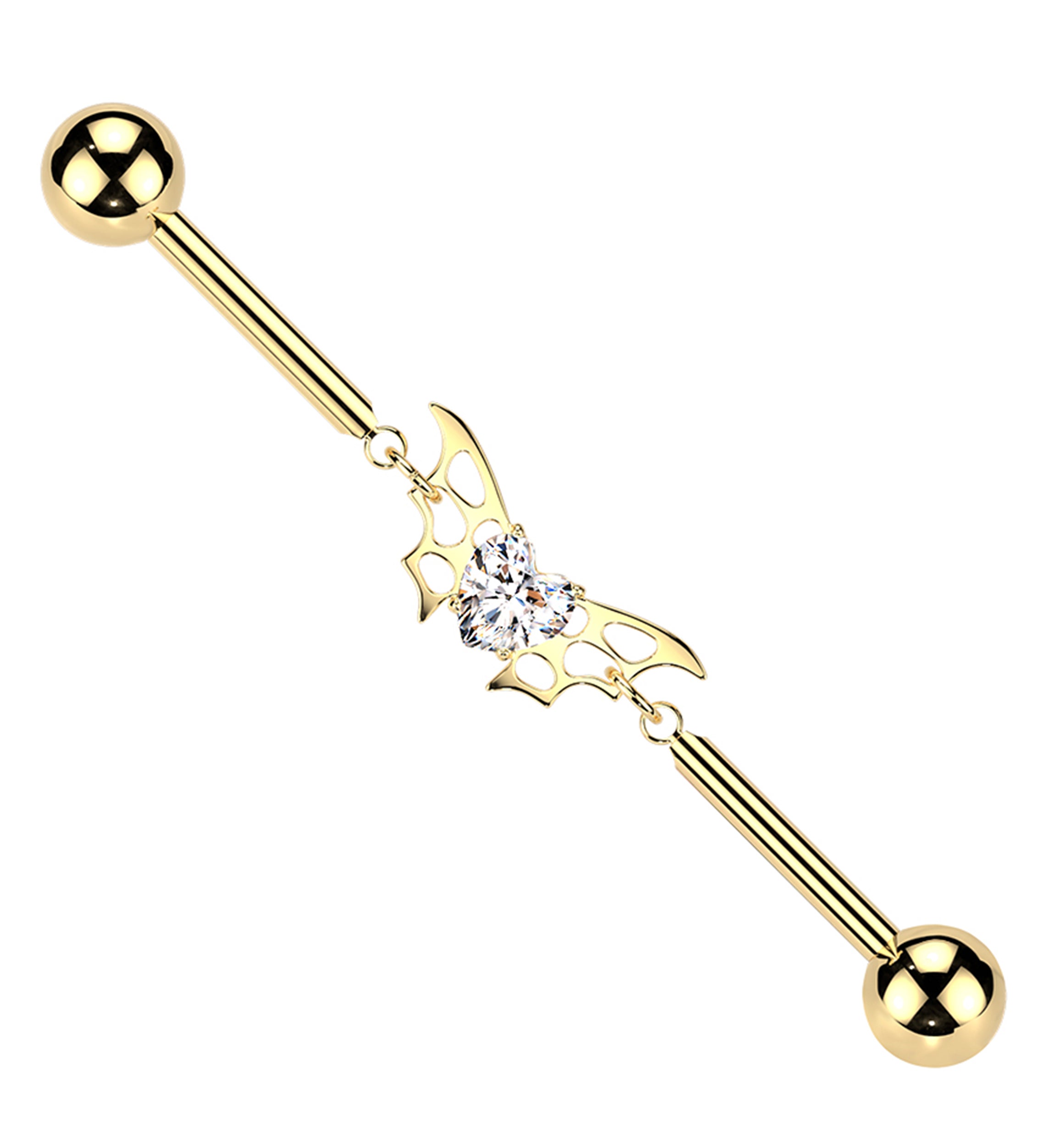 Gold PVD Bat Wing Heart Clear CZ Internally Threaded Titanium Industrial Barbell
